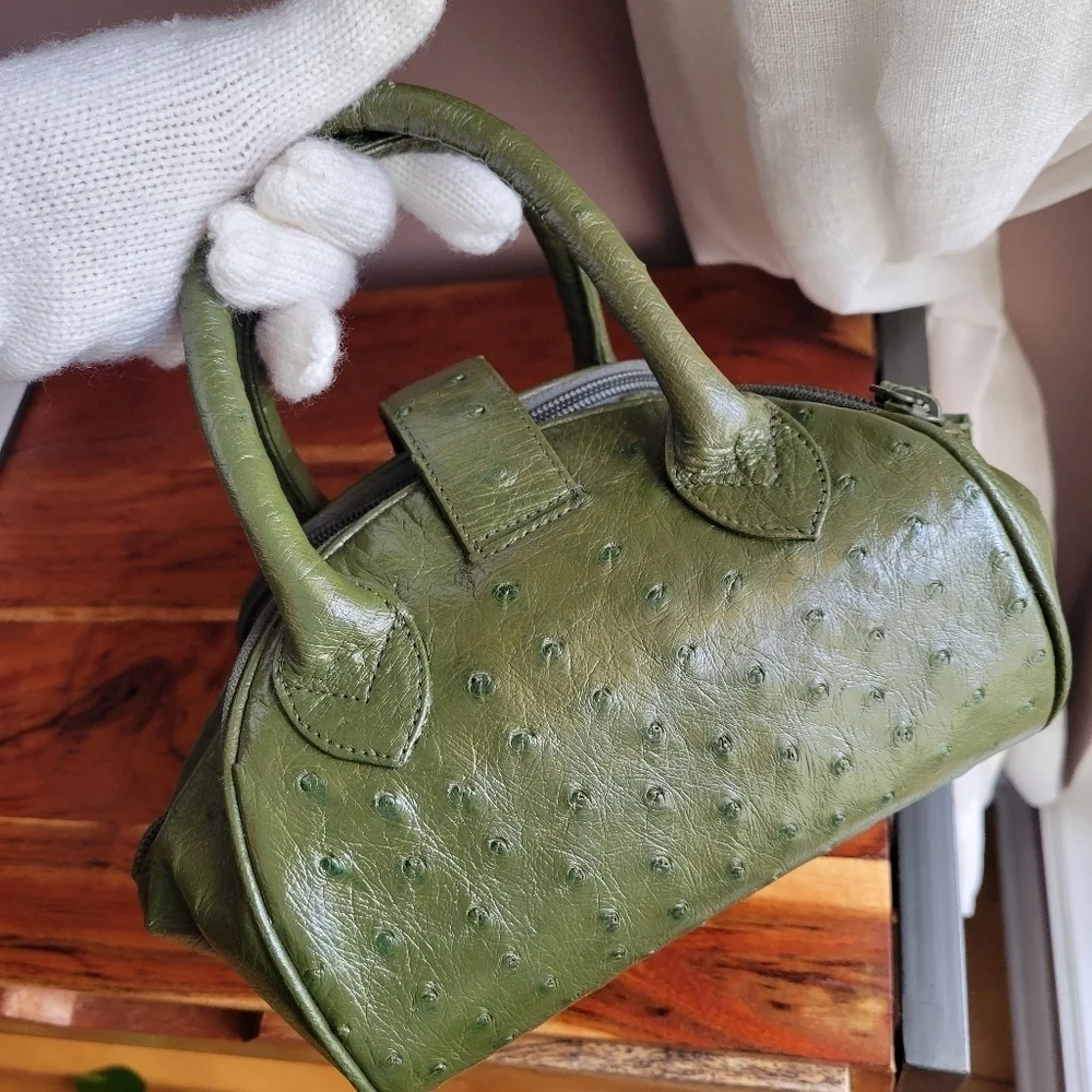 WEL JAPAN Rare OSTRICH Exotic Leather Military Green Handbag Tokyo